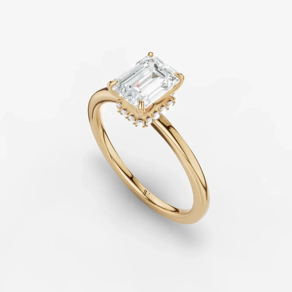 Certified 1 carat Lab Grown Diamond Emerald Cut Hidden Halo Engagement Ring in 14K Yellow Gold-Helia
