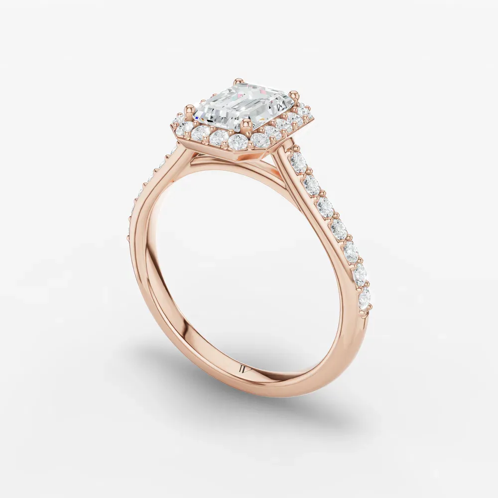 Certified 1 carat Lab Grown Diamond Emerald Cut Pavé, Halo, Cathedral Engagement Ring in 14K Rose Gold-Kvolt