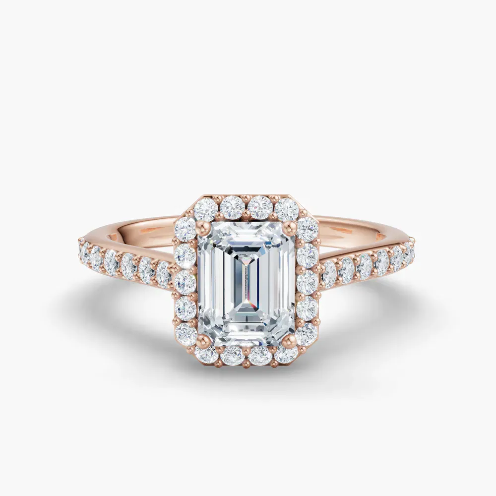 Certified 1 carat Lab Grown Diamond Emerald Cut Pavé, Halo, Cathedral Engagement Ring in 14K Rose Gold-Kvolt