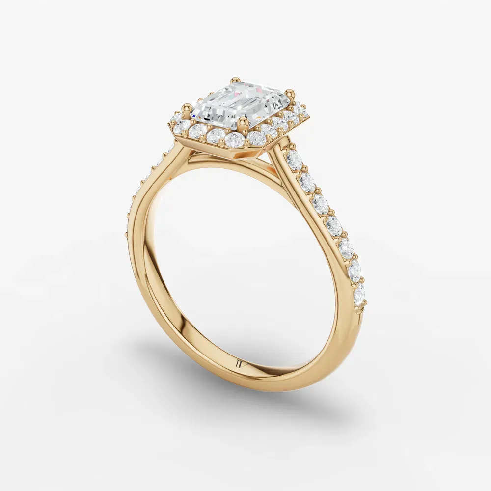 Certified 1 carat Lab Grown Diamond Emerald Cut Pavé, Halo, Cathedral Engagement Ring in 14K Yellow Gold-Kvolt