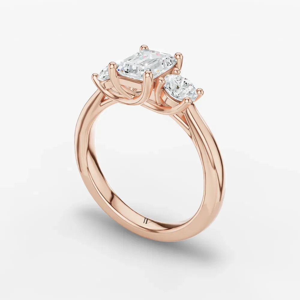 Certified 1 carat Lab Grown Diamond Emerald Cut Three Stone, Side Stone, Low profile Engagement Ring in 14K Rose Gold-Valeri