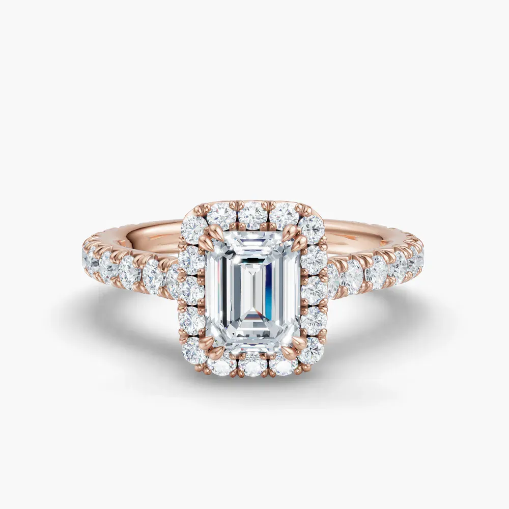 Certified 1 carat Lab Grown Diamond Emerald Cut Cathedral, Pavé, Halo Engagement Ring in 14K Rose Gold-Zaria