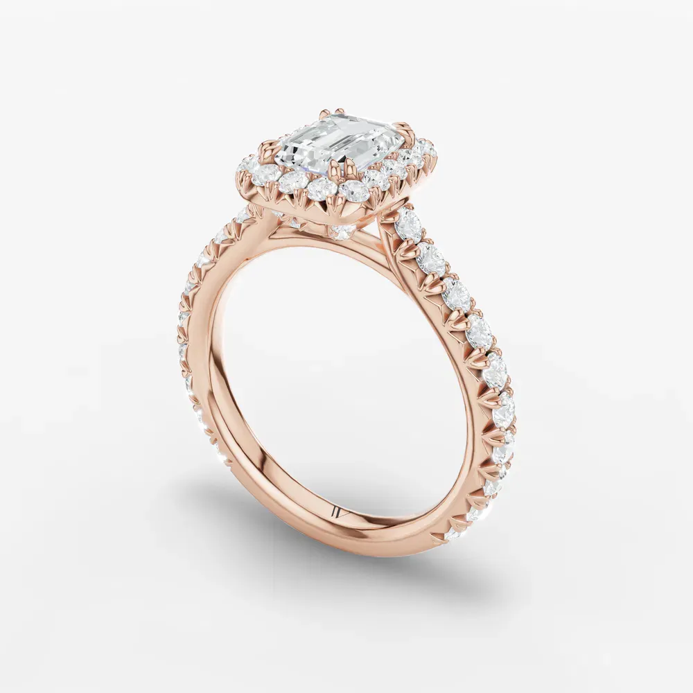 Certified 1 carat Lab Grown Diamond Emerald Cut Cathedral, Pavé, Halo Engagement Ring in 14K Rose Gold-Zaria