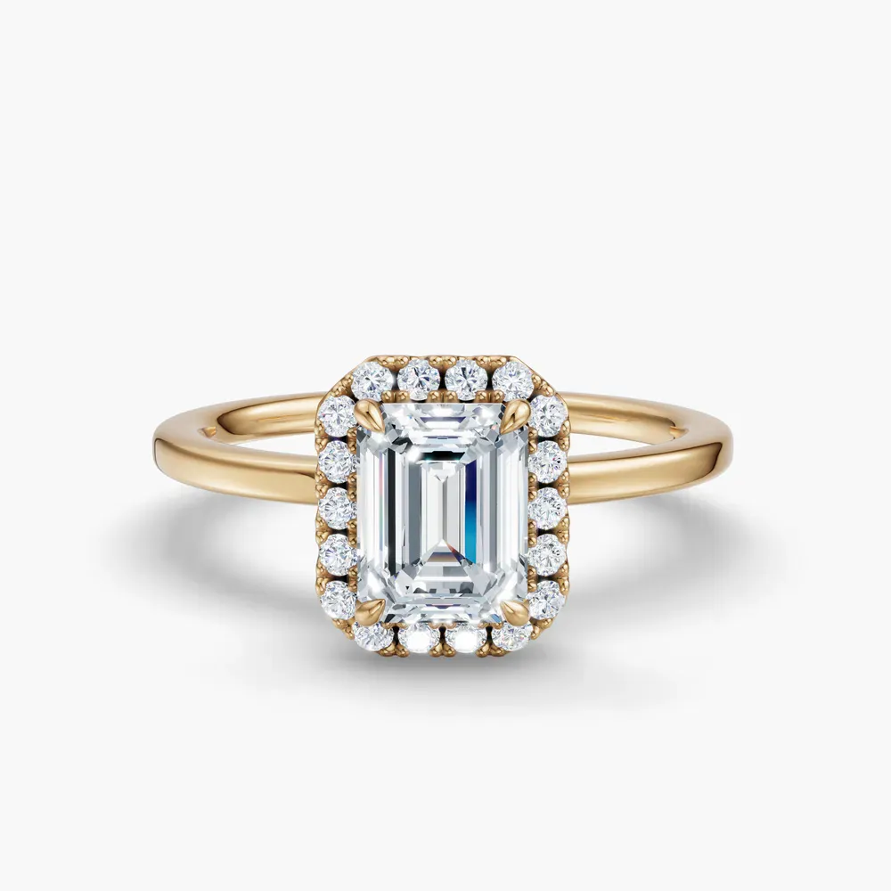 Certified 1 carat Lab Grown Diamond Emerald Cut Halo, Hidden Halo Engagement Ring in 14K Yellow Gold-Elite Noctil