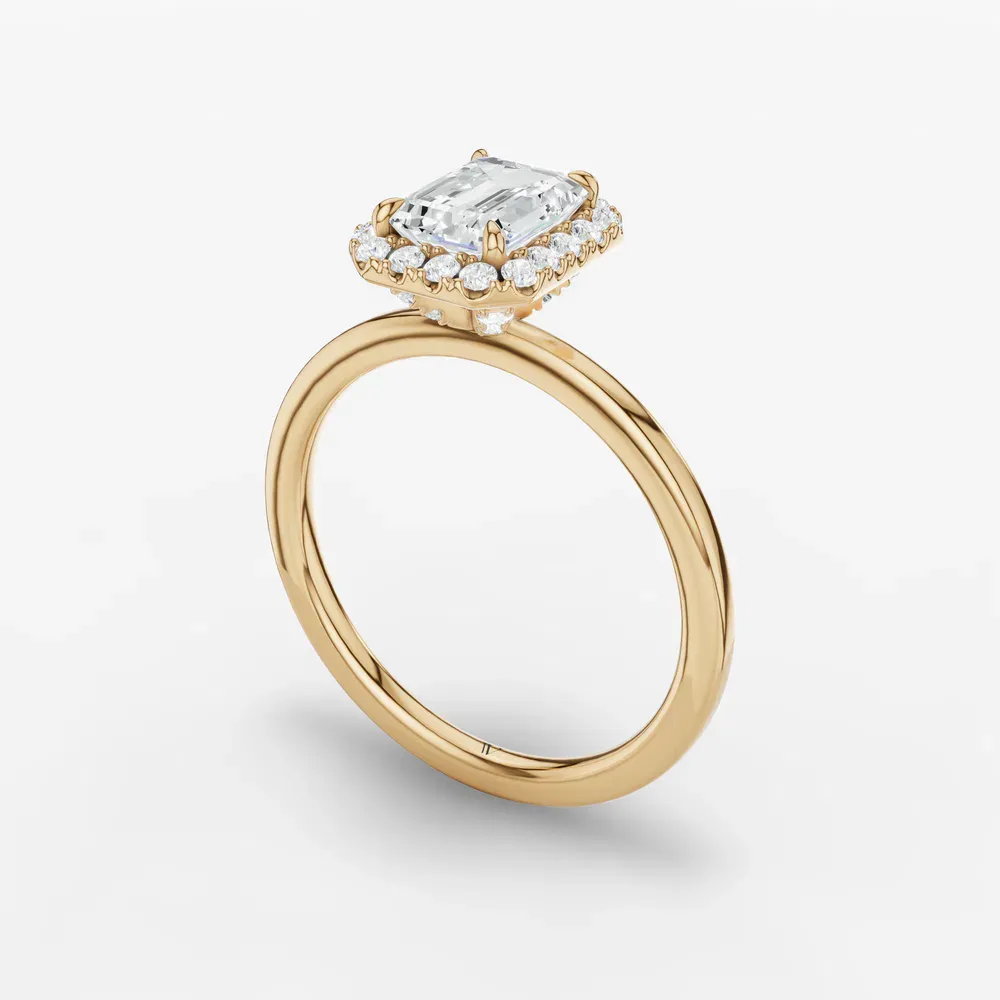Certified 1 carat Lab Grown Diamond Emerald Cut Halo, Hidden Halo Engagement Ring in 14K Yellow Gold-Elite Noctil