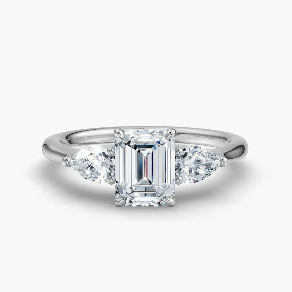 Certified 1 carat Lab Grown Diamond Emerald Cut Three Stone, Side Stone, Low profile Engagement Ring in 14K White Gold-Hailu