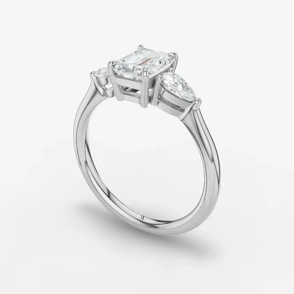 Certified 1 carat Lab Grown Diamond Emerald Cut Three Stone, Side Stone, Low profile Engagement Ring in 14K White Gold-Hailu