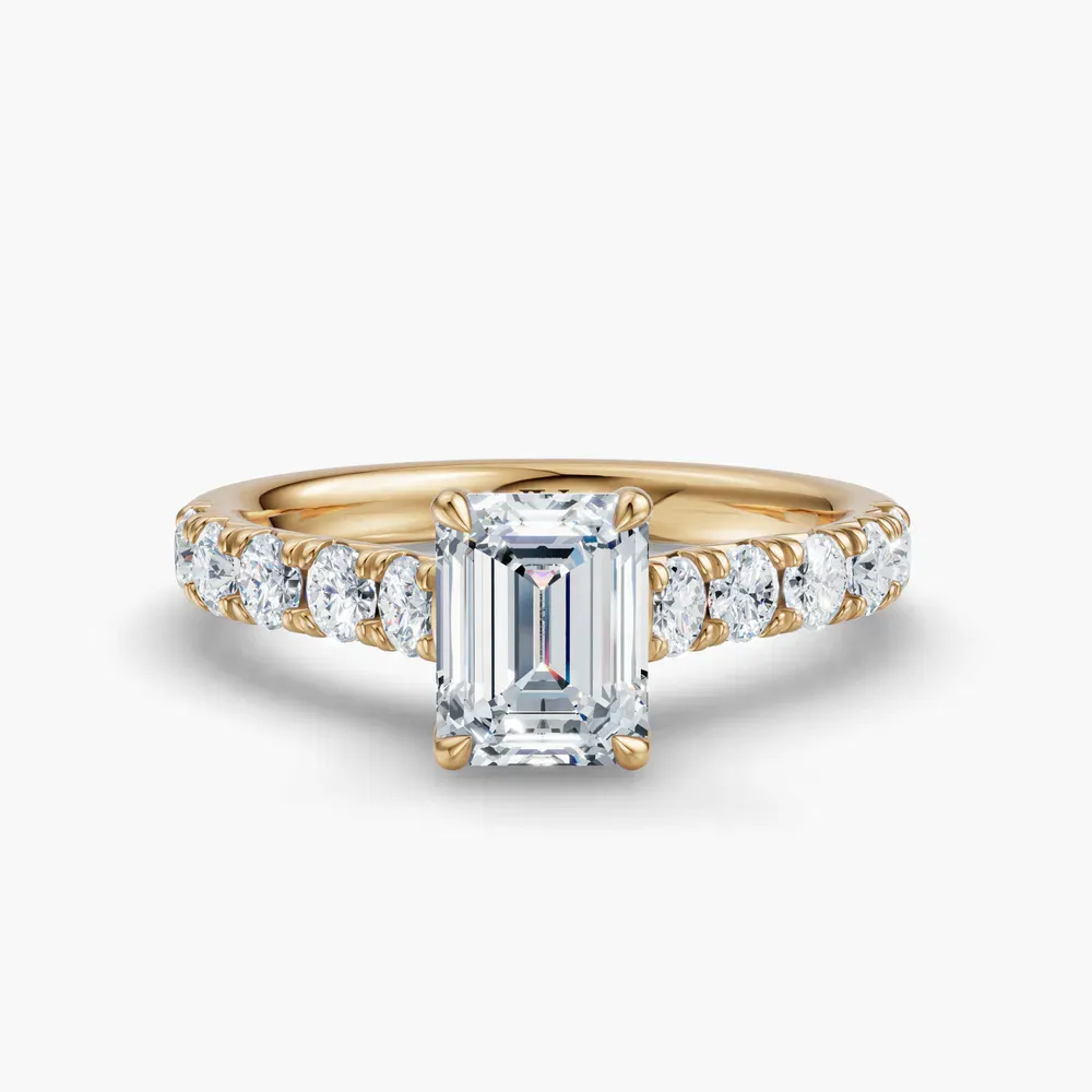 Certified 1 carat Lab Grown Diamond Emerald Cut Pavé, Cathedral, Low profile Engagement Ring in 14K Yellow Gold-Israfil