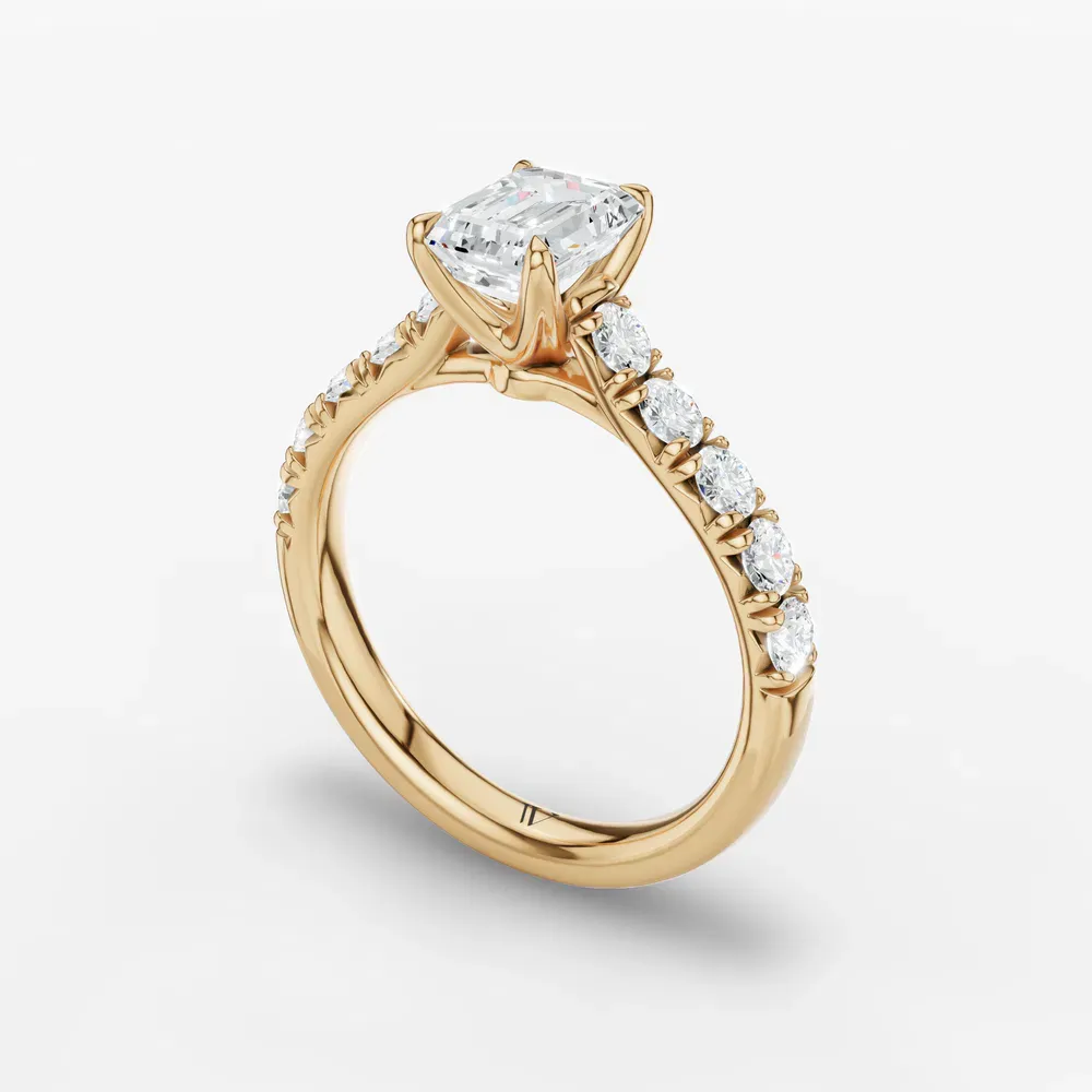 Certified 1 carat Lab Grown Diamond Emerald Cut Pavé, Cathedral, Low profile Engagement Ring in 14K Yellow Gold-Israfil