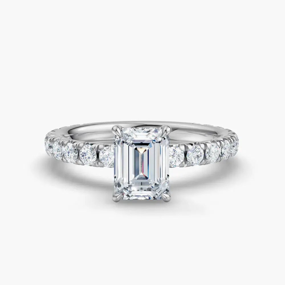 Certified 1 carat Lab Grown Diamond Emerald Cut Pavé, Hidden Halo, Low profile Engagement Ring in 14K White Gold-Cyrra
