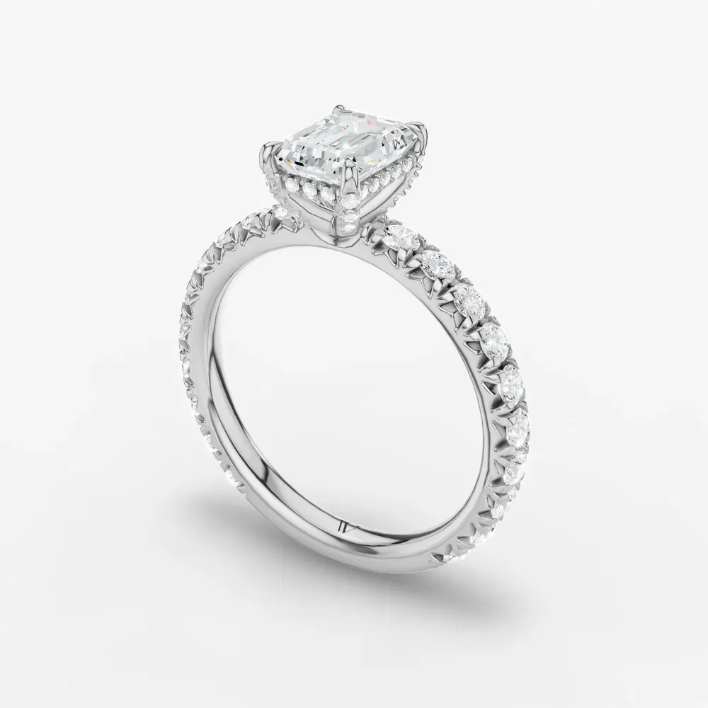 Certified 1 carat Lab Grown Diamond Emerald Cut Pavé, Hidden Halo, Low profile Engagement Ring in 14K White Gold-Cyrra