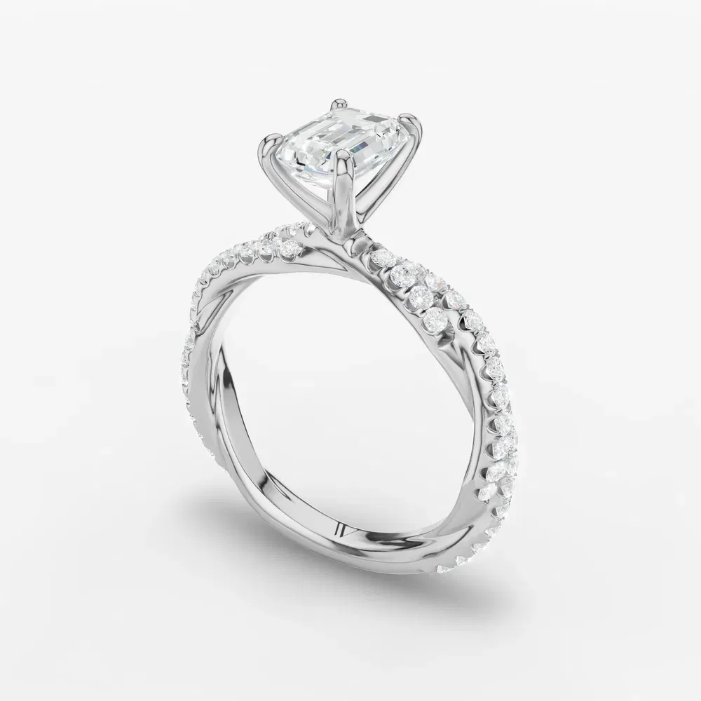 Certified 1 carat Lab Grown Diamond Emerald Cut Pavé, Twist Engagement Ring in 14K White Gold-Alva