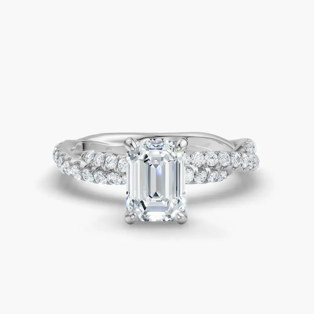 Certified 1 carat Lab Grown Diamond Emerald Cut Pavé, Twist Engagement Ring in 14K White Gold-Alva