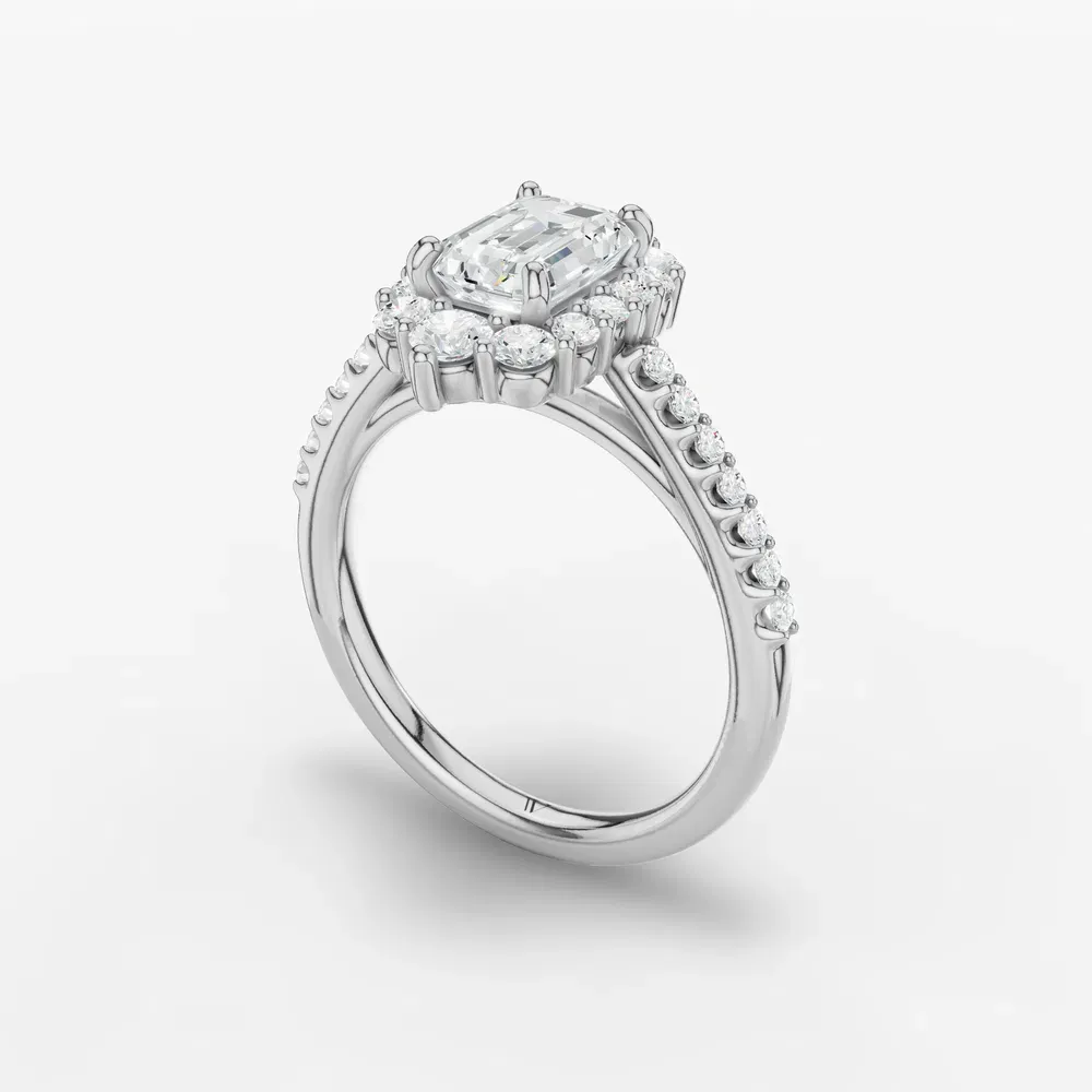Certified 1 carat Lab Grown Diamond Emerald Cut Pavé, Halo, Cathedral Engagement Ring in 14K White Gold-Mirey