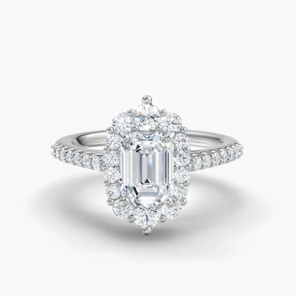 Certified 1 carat Lab Grown Diamond Emerald Cut Pavé, Halo, Cathedral Engagement Ring in 14K White Gold-Mirey