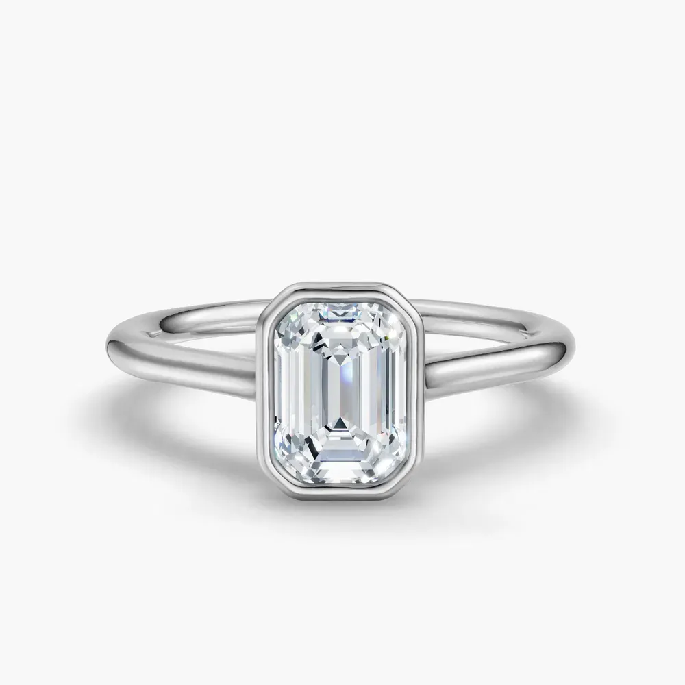 Certified 1 carat Lab Grown Diamond Emerald Cut Solitaire, Bezel, Cathedral Engagement Ring in 14K White Gold-Borvi