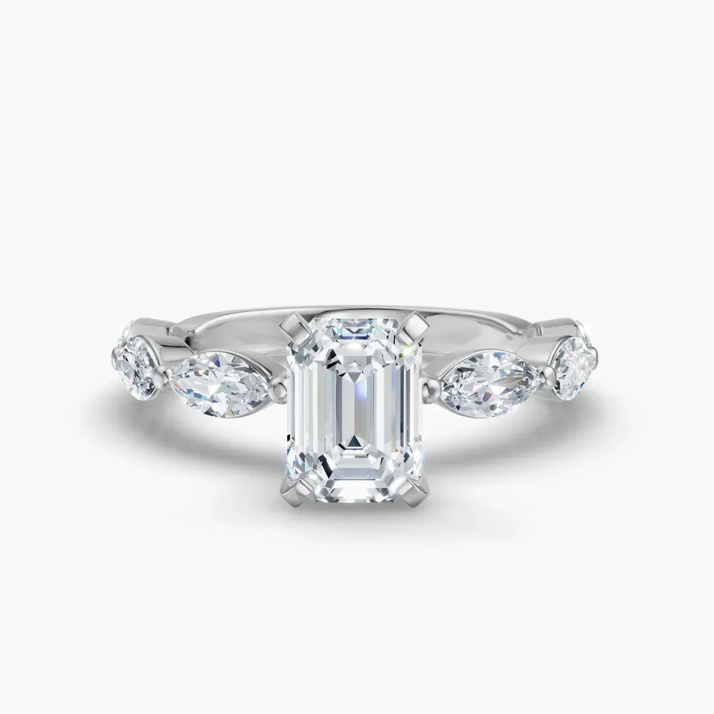 Certified 1 carat Lab Grown Diamond Emerald Cut Side Stone Engagement Ring in 14K White Gold-Trind