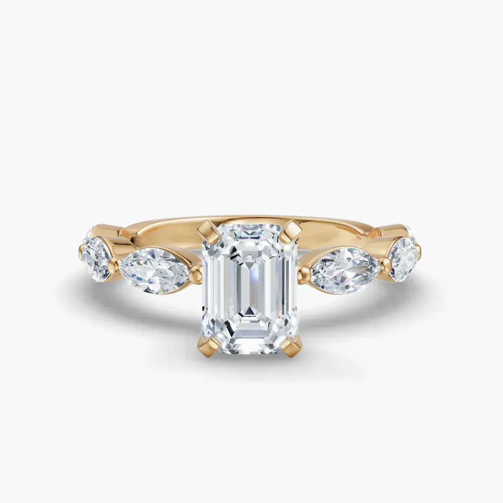 Certified 1 carat Lab Grown Diamond Emerald Cut Side Stone Engagement Ring in 14K Yellow Gold-Trind