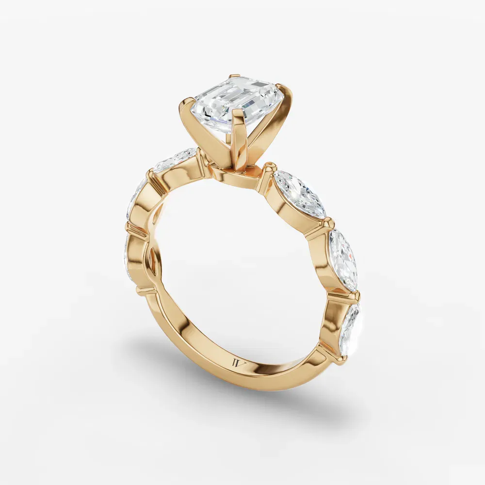 Certified 1 carat Lab Grown Diamond Emerald Cut Side Stone Engagement Ring in 14K Yellow Gold-Trind