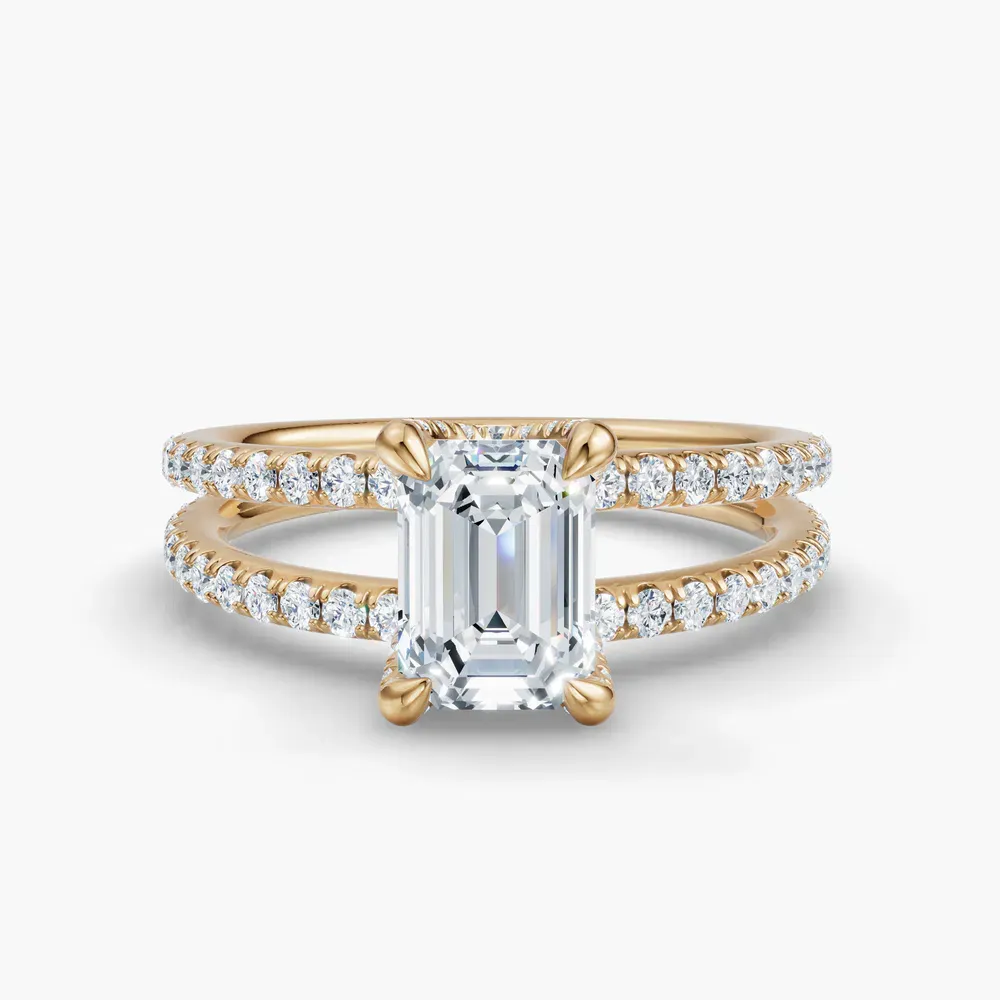 Certified 1 carat Lab Grown Diamond Emerald Cut Pavé, Split Shank, Hidden Halo Engagement Ring in 14K Yellow Gold-Soren