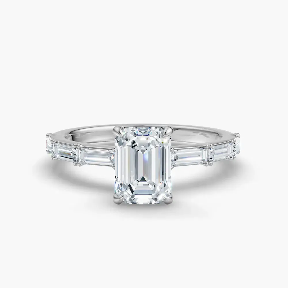 Certified 1 carat Lab Grown Diamond Emerald Cut Baguette, Side Stone Engagement Ring in 14K White Gold-Lunark