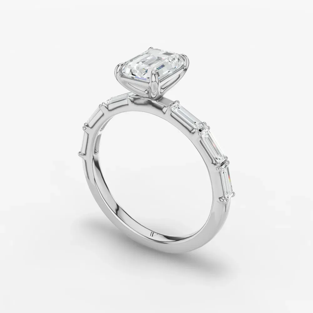 Certified 1 carat Lab Grown Diamond Emerald Cut Baguette, Side Stone Engagement Ring in 14K White Gold-Lunark