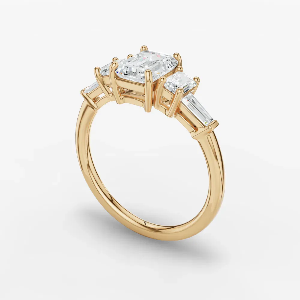 Certified 1 carat Lab Grown Diamond Emerald Cut Five Stone, Baguette, Art Deco Engagement Ring in 14K Yellow Gold-Olume