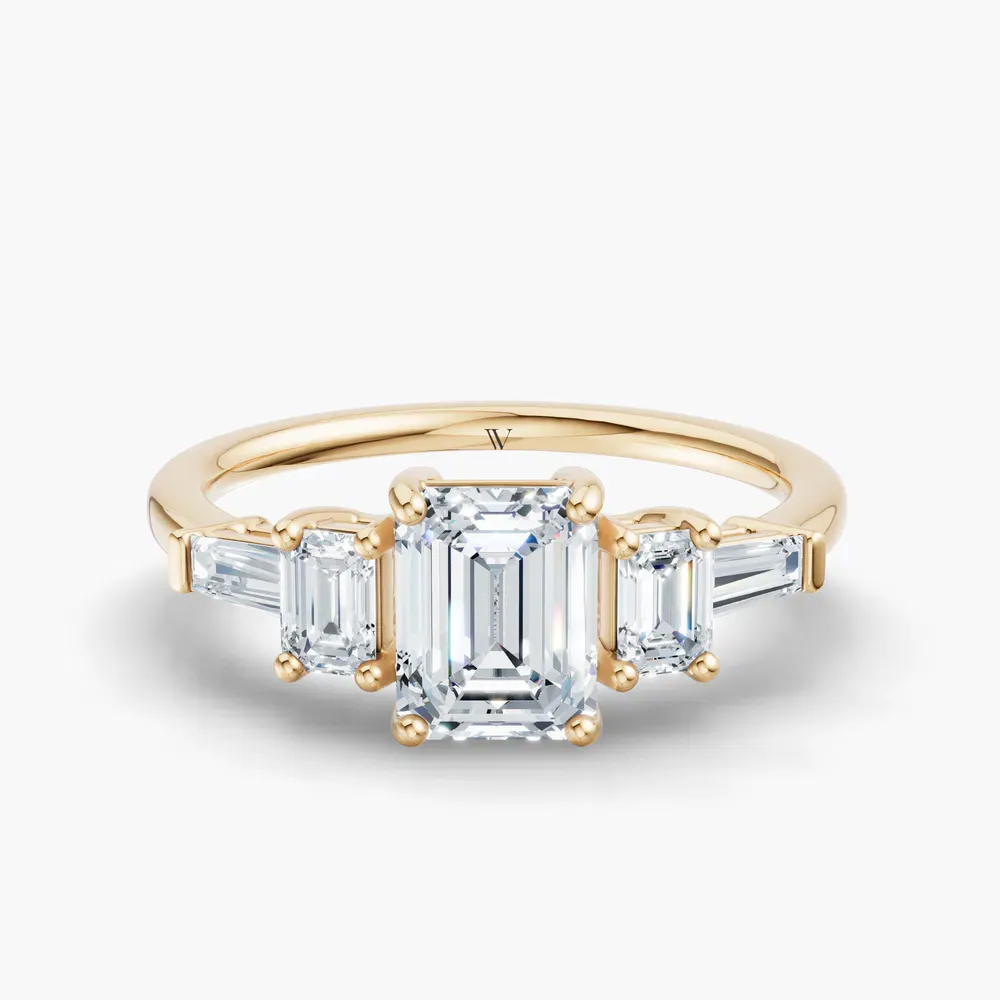 Certified 1 carat Lab Grown Diamond Emerald Cut Five Stone, Baguette, Art Deco Engagement Ring in 14K Yellow Gold-Olume