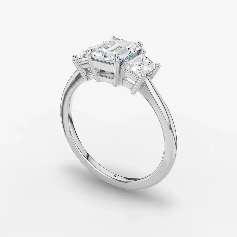 Certified 1 carat Lab Grown Diamond Emerald Cut Three Stone, Side Stone, Low profile Engagement Ring in 14K White Gold-Cygnus