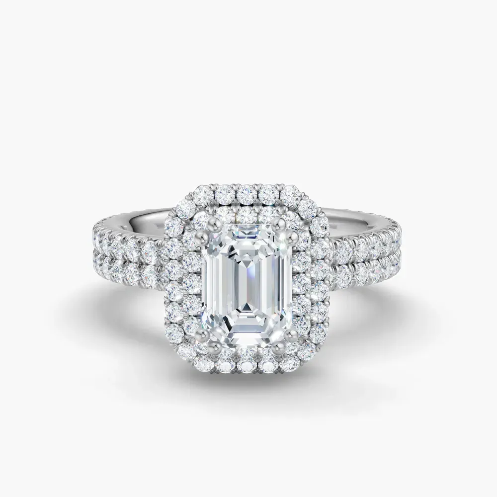 Certified 1 carat Lab Grown Diamond Emerald Cut Pavé, Halo, Hidden Halo Engagement Ring in 14K White Gold-Caela