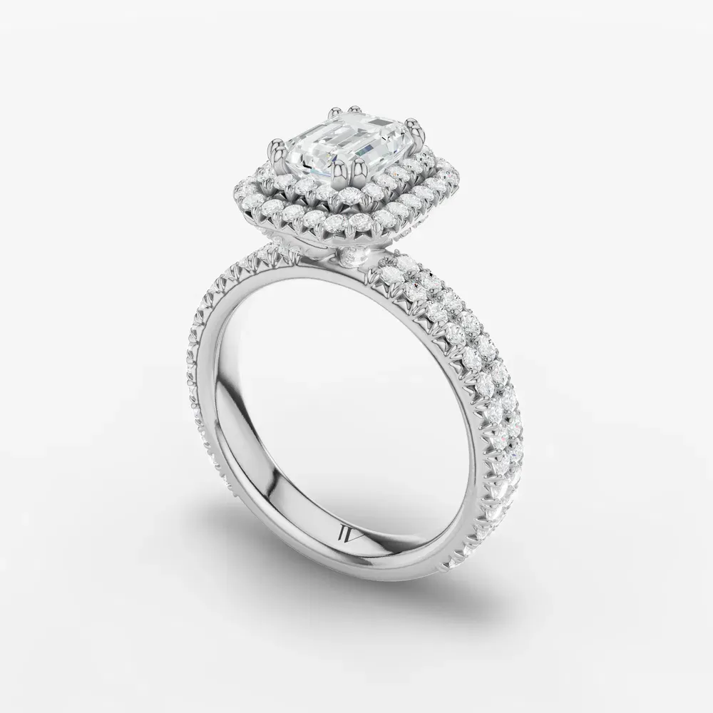 Certified 1 carat Lab Grown Diamond Emerald Cut Pavé, Halo, Hidden Halo Engagement Ring in 14K White Gold-Caela