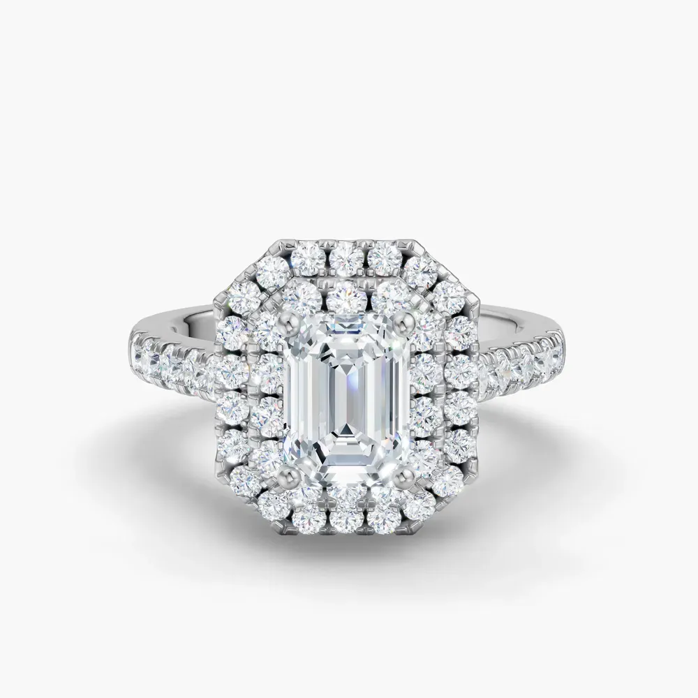 Certified 1 carat Lab Grown Diamond Emerald Cut Halo, Pavé, Double halo Engagement Ring in 14K White Gold-Brexa