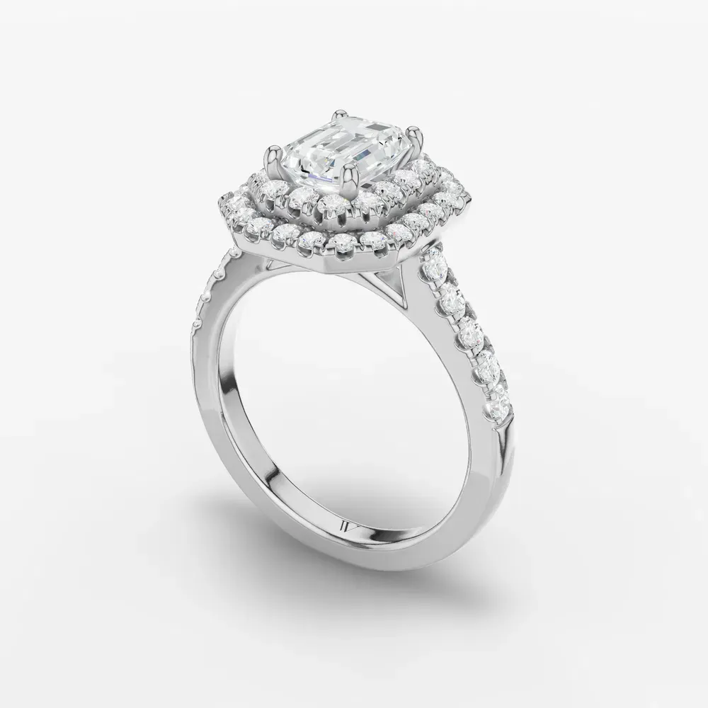 Certified 1 carat Lab Grown Diamond Emerald Cut Halo, Pavé, Double halo Engagement Ring in 14K White Gold-Brexa