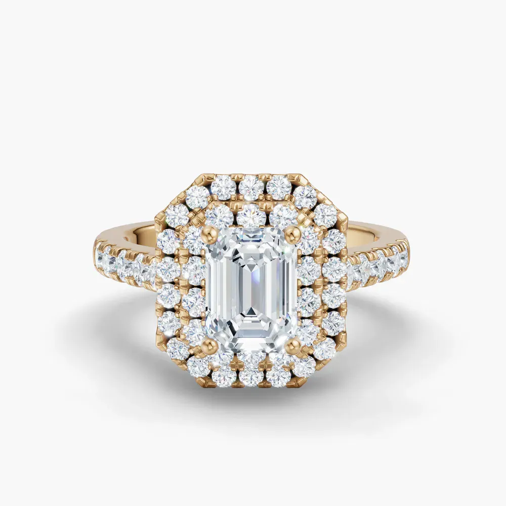 Certified 1 carat Lab Grown Diamond Emerald Cut Halo, Pavé, Double halo Engagement Ring in 14K Yellow Gold-Brexa