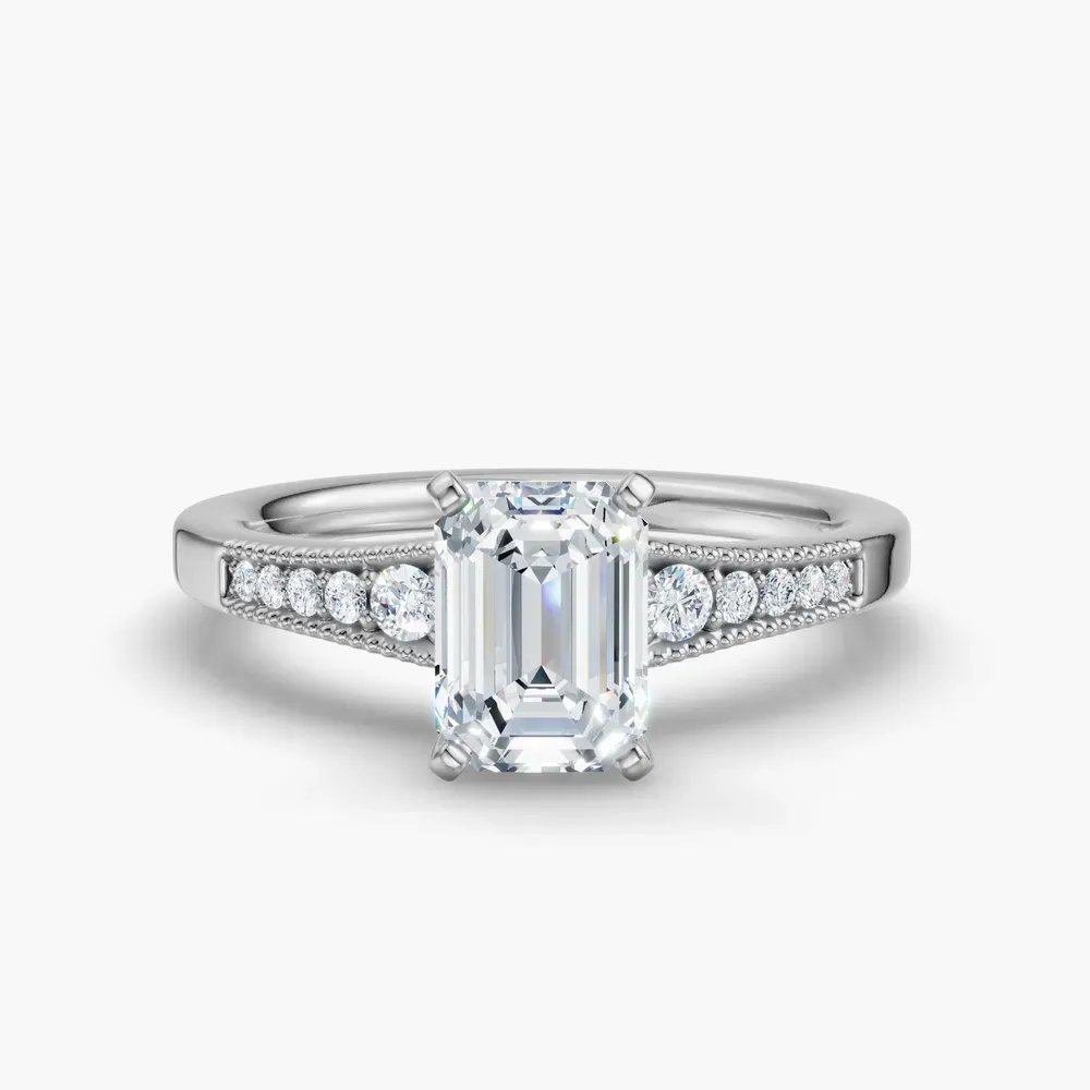 Certified 1 carat Lab Grown Diamond Emerald Cut Milgrain, Pavé, Side Stone Engagement Ring in 14K White Gold-Rosca