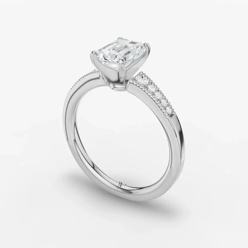 Certified 1 carat Lab Grown Diamond Emerald Cut Milgrain, Pavé, Side Stone Engagement Ring in 14K White Gold-Rosca
