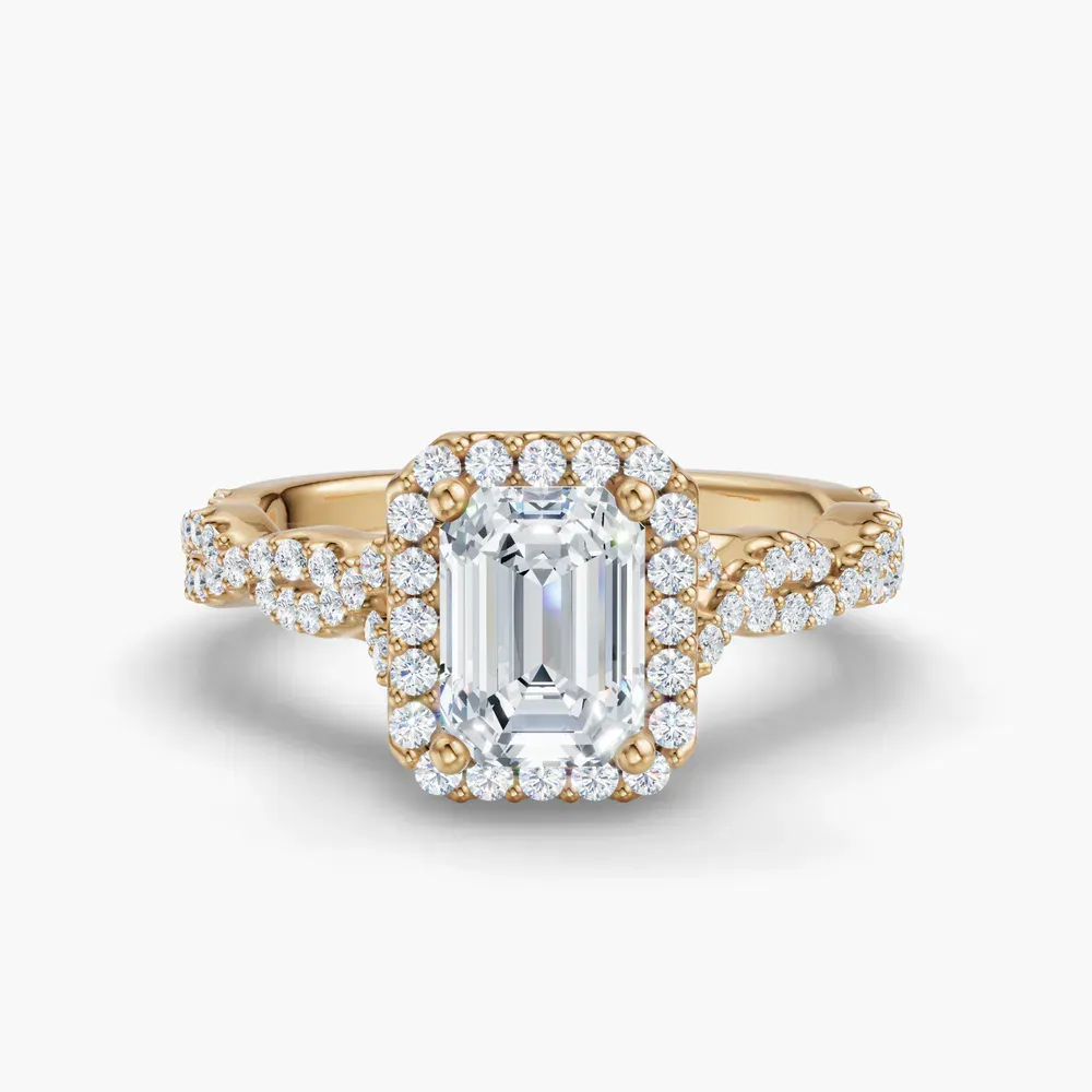 Certified 1 carat Lab Grown Diamond Emerald Cut Halo, Pavé, Twist Engagement Ring in 14K Yellow Gold-Meraki