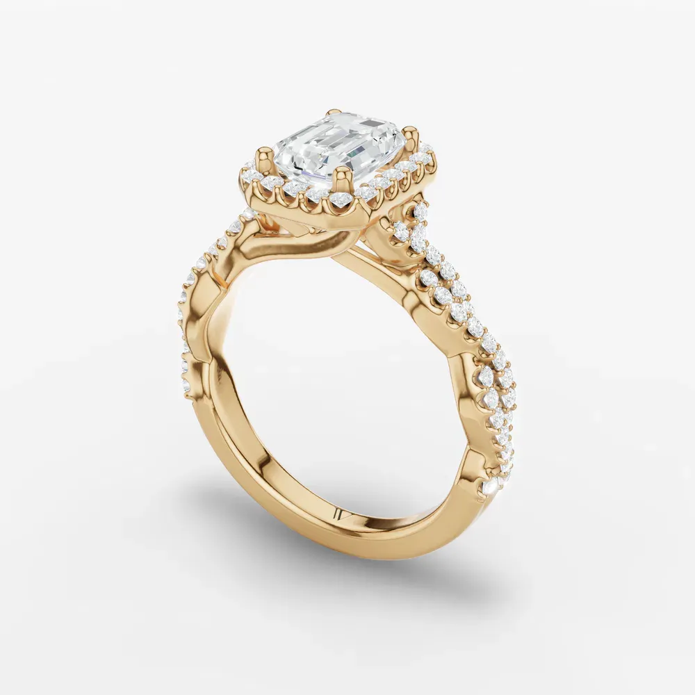 Certified 1 carat Lab Grown Diamond Emerald Cut Halo, Pavé, Twist Engagement Ring in 14K Yellow Gold-Meraki