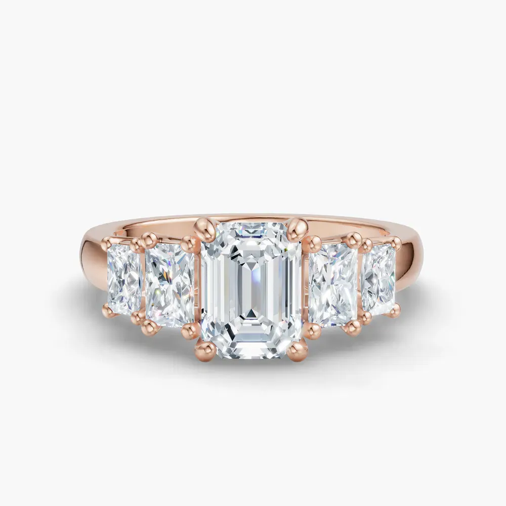 Certified 1 carat Lab Grown Diamond Emerald Cut Five Stone, Side Stone Engagement Ring in 14K Rose Gold-Velaris