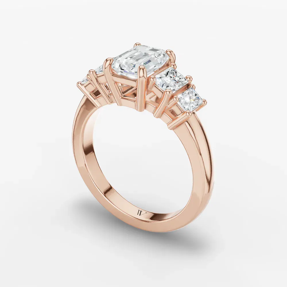 Certified 1 carat Lab Grown Diamond Emerald Cut Five Stone, Side Stone Engagement Ring in 14K Rose Gold-Velaris