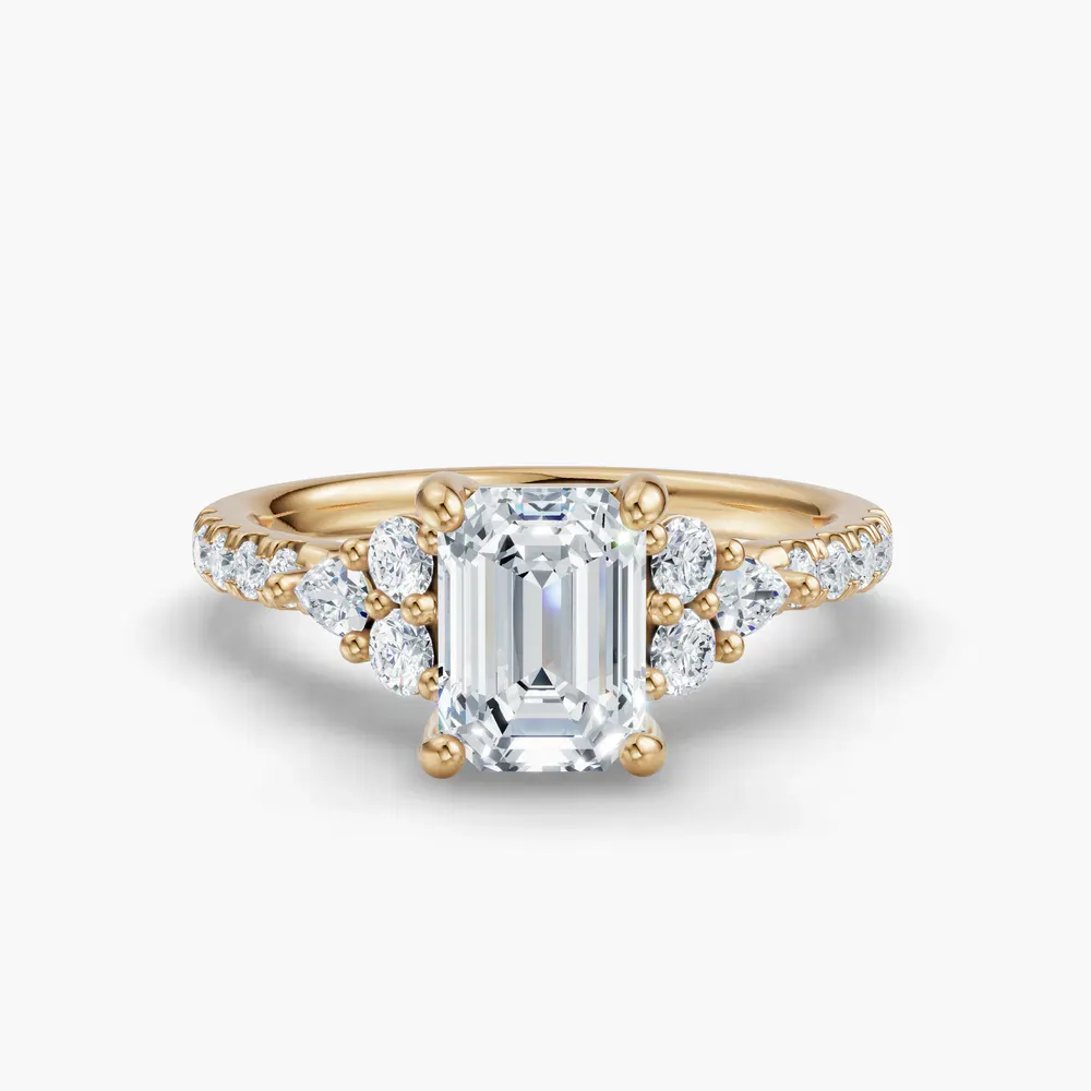 Certified 1 carat Lab Grown Diamond Emerald Cut Pavé, Side Stone Engagement Ring in 14K Yellow Gold-Tarne