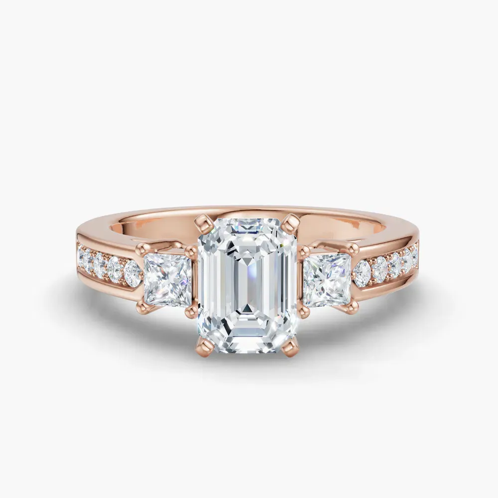 Certified 1 carat Lab Grown Diamond Emerald Cut Three Stone, Pavé, Channel Set Engagement Ring in 14K Rose Gold-Velis