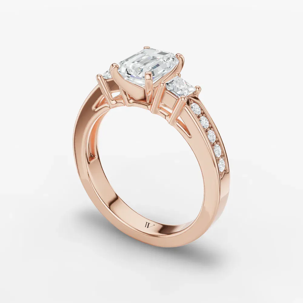 Certified 1 carat Lab Grown Diamond Emerald Cut Three Stone, Pavé, Channel Set Engagement Ring in 14K Rose Gold-Velis