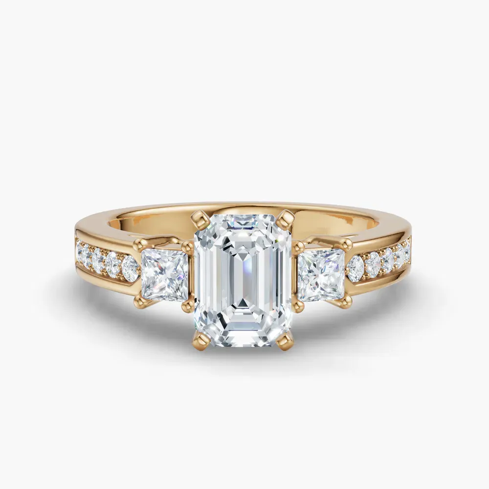 Certified 1 carat Lab Grown Diamond Emerald Cut Three Stone, Pavé, Channel Set Engagement Ring in 14K Yellow Gold-Velis