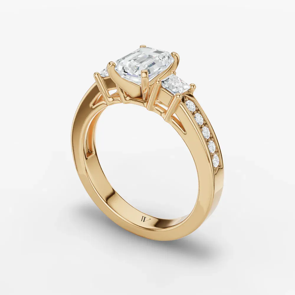 Certified 1 carat Lab Grown Diamond Emerald Cut Three Stone, Pavé, Channel Set Engagement Ring in 14K Yellow Gold-Velis