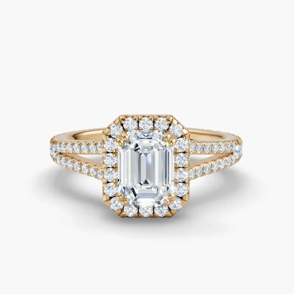 Certified 1 carat Lab Grown Diamond Emerald Cut Pavé, Halo, Cathedral Engagement Ring in 14K Yellow Gold-Gexis