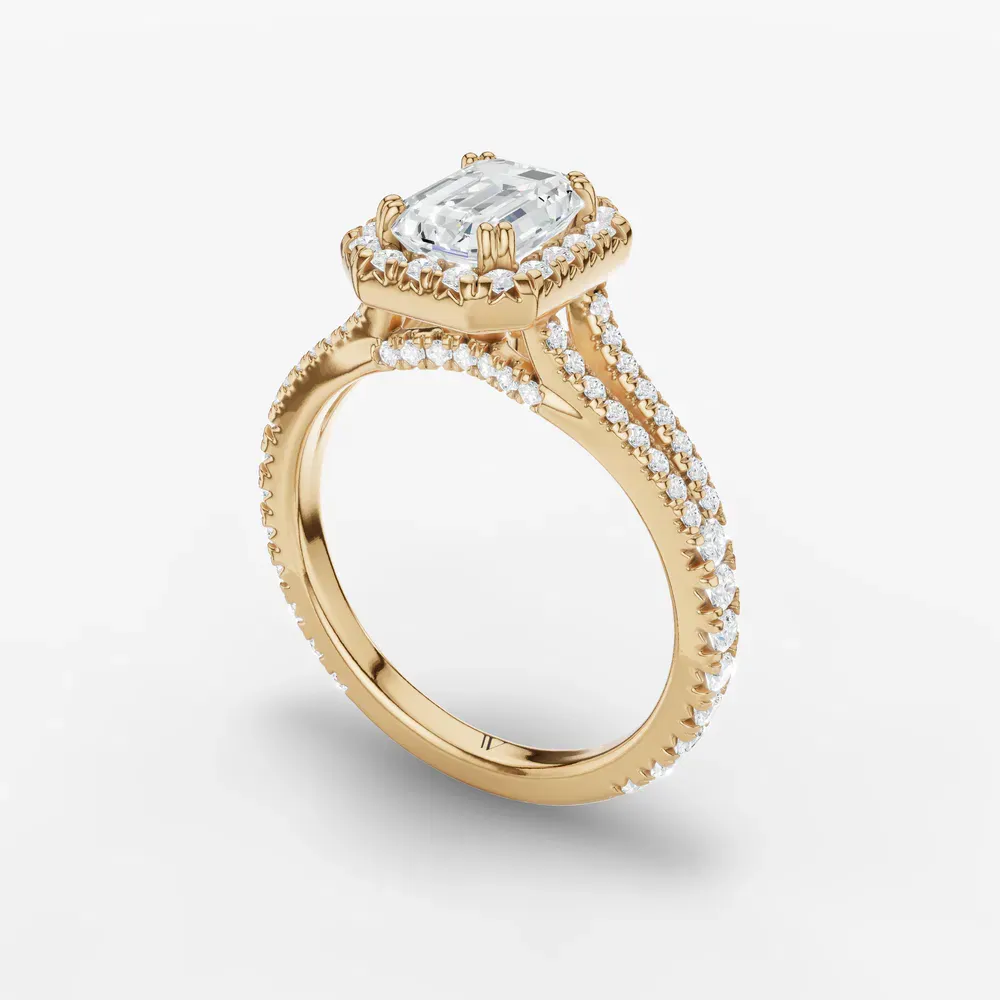 Certified 1 carat Lab Grown Diamond Emerald Cut Pavé, Halo, Cathedral Engagement Ring in 14K Yellow Gold-Gexis