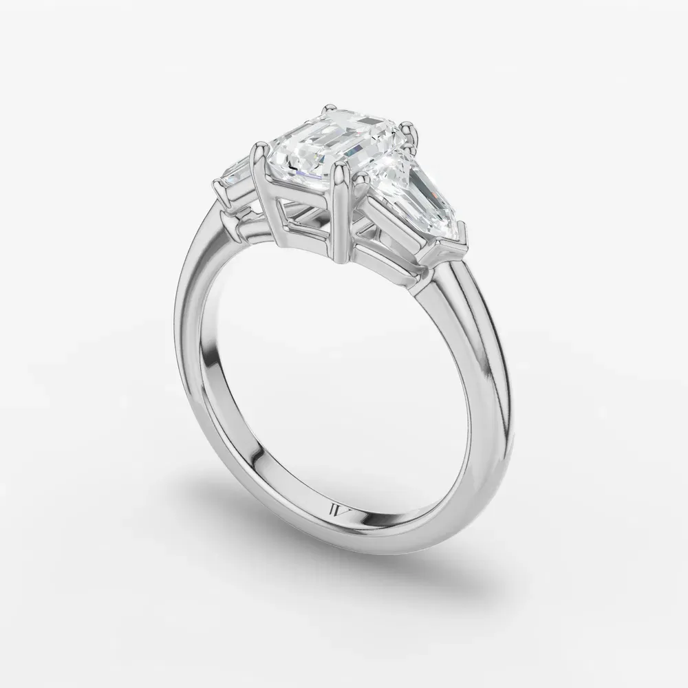 Certified 1 carat Lab Grown Diamond Emerald Cut Three Stone, Side Stone Engagement Ring in 14K White Gold-Lyris