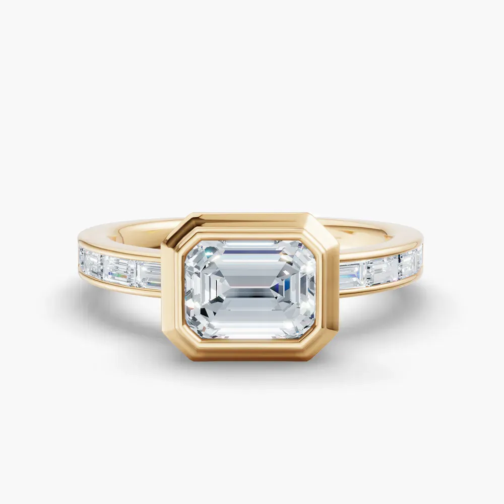 Certified 1 carat Lab Grown Diamond Emerald Cut Bezel, Channel Set, Art Deco Engagement Ring in 14K Yellow Gold-Celeste