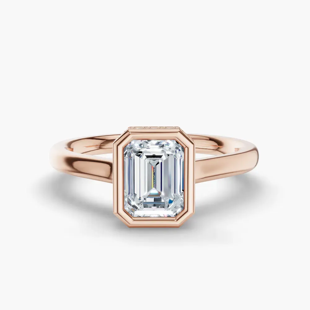 Certified 1 carat Lab Grown Diamond Emerald Cut Bezel, Solitaire, Hidden Halo Engagement Ring in 14K Rose Gold-Nival